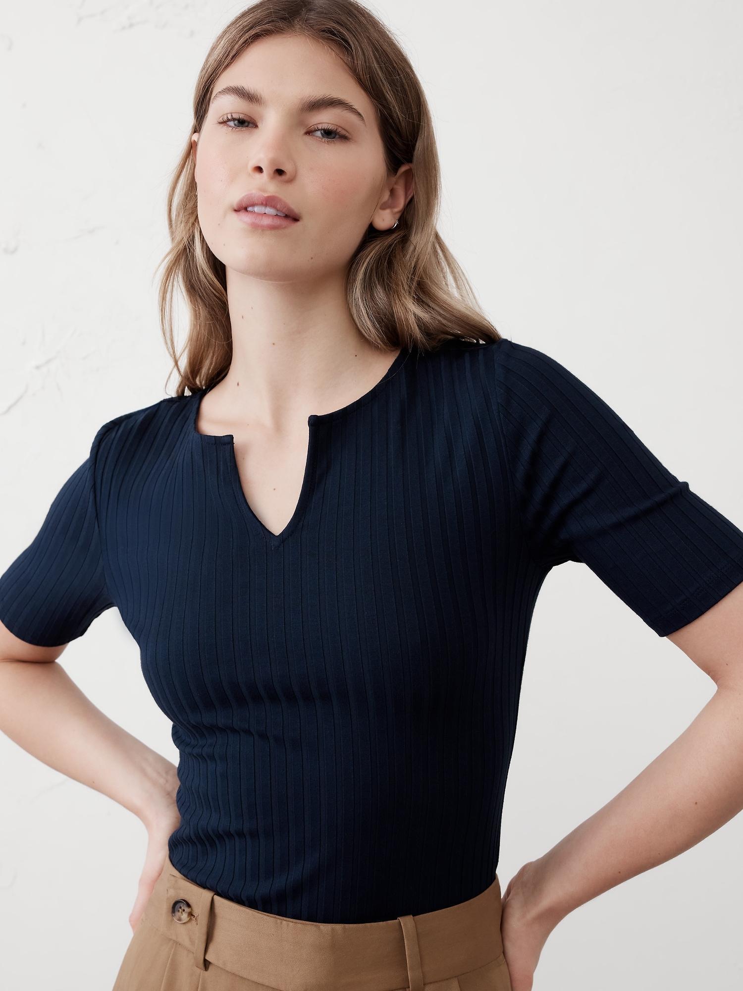 Wide Ribbed Split-Neck Top Product Image