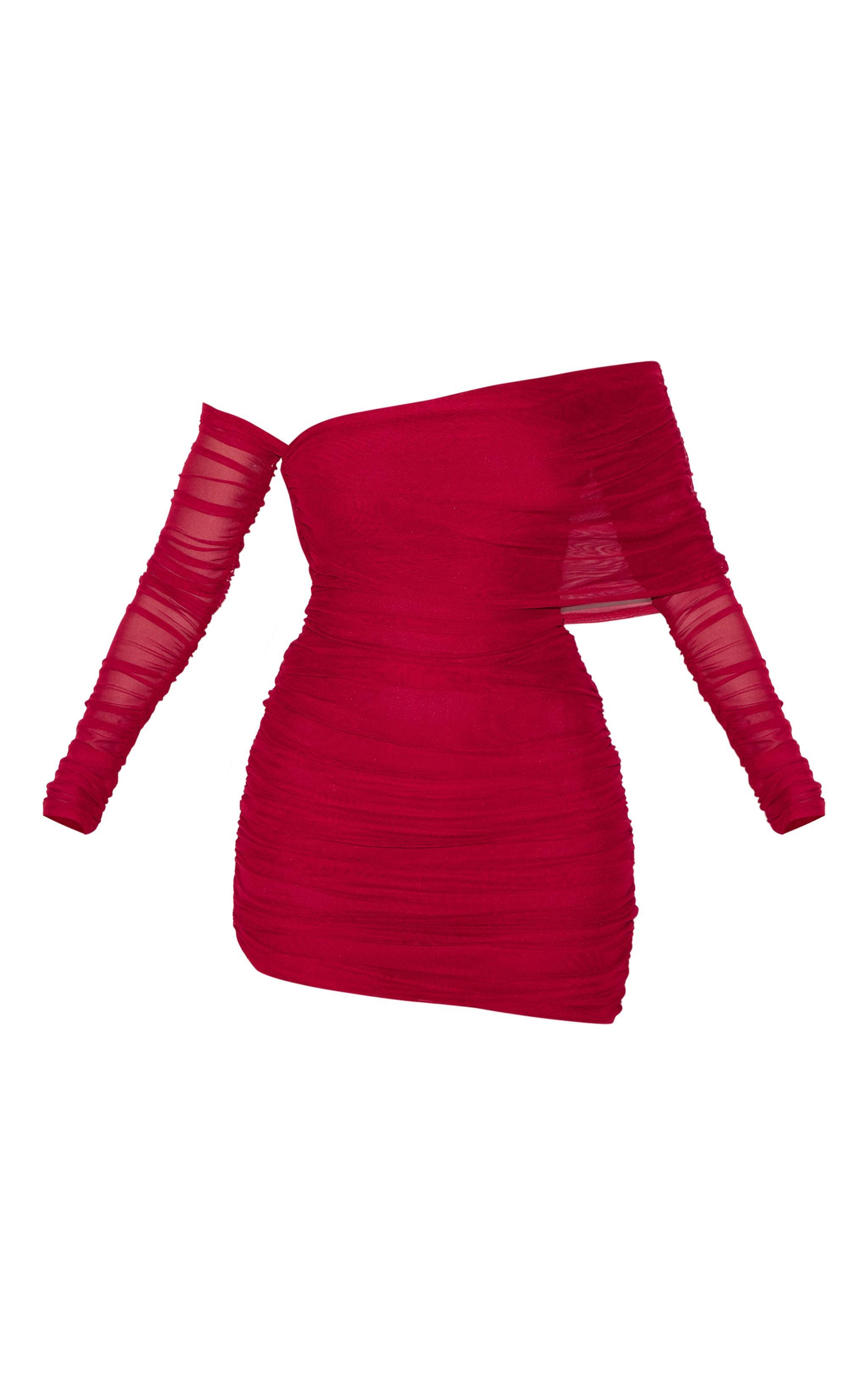  Burgundy Layered Mesh Asymmetric Long Sleeve Mini Dress Product Image