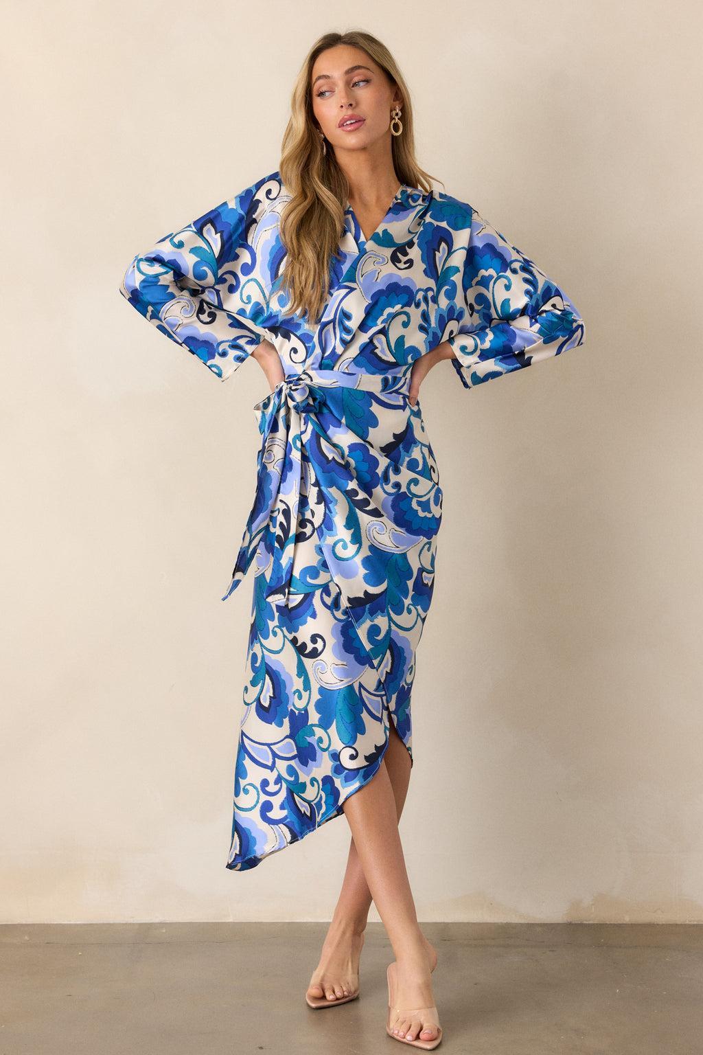 These Moments Blue Floral Wrap Midi Dress Product Image