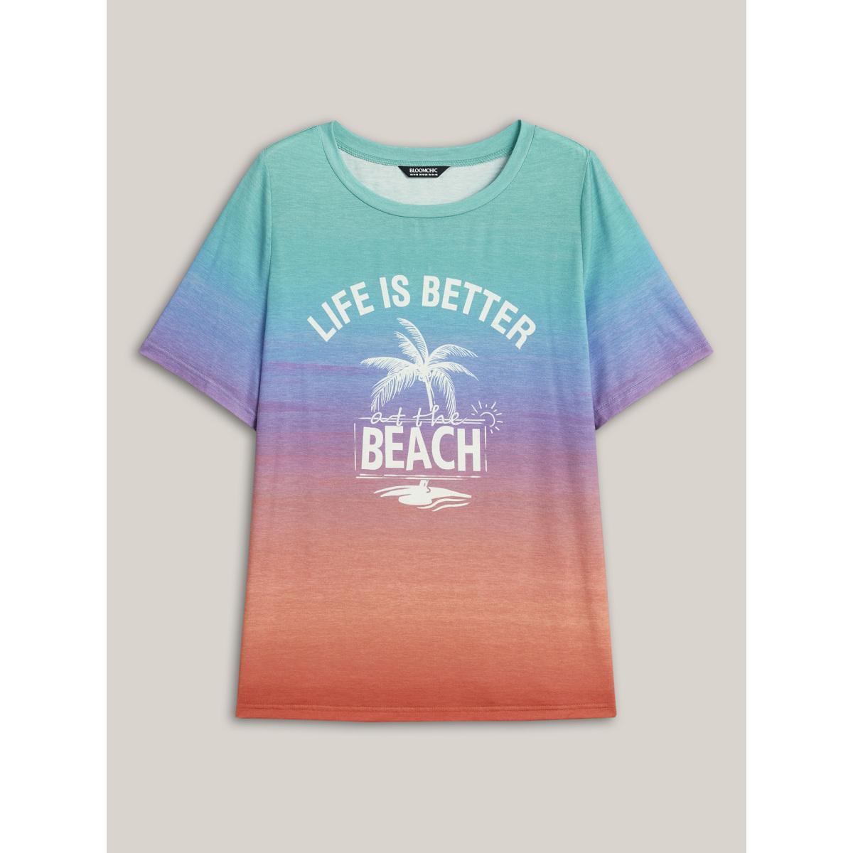 Plus Size Gradient Beach Print Fitted T-Shirt Multicolor Women Playful Contrast Tropical Round Neck Casual T-shirts BloomChic 22-24/3X Product Image