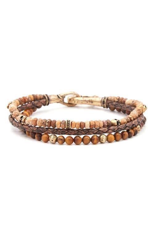 John Varvatos Mens Brass Skull Jasper, Tiger Eye, & Woven Leather Triple Strand Bracelet Product Image