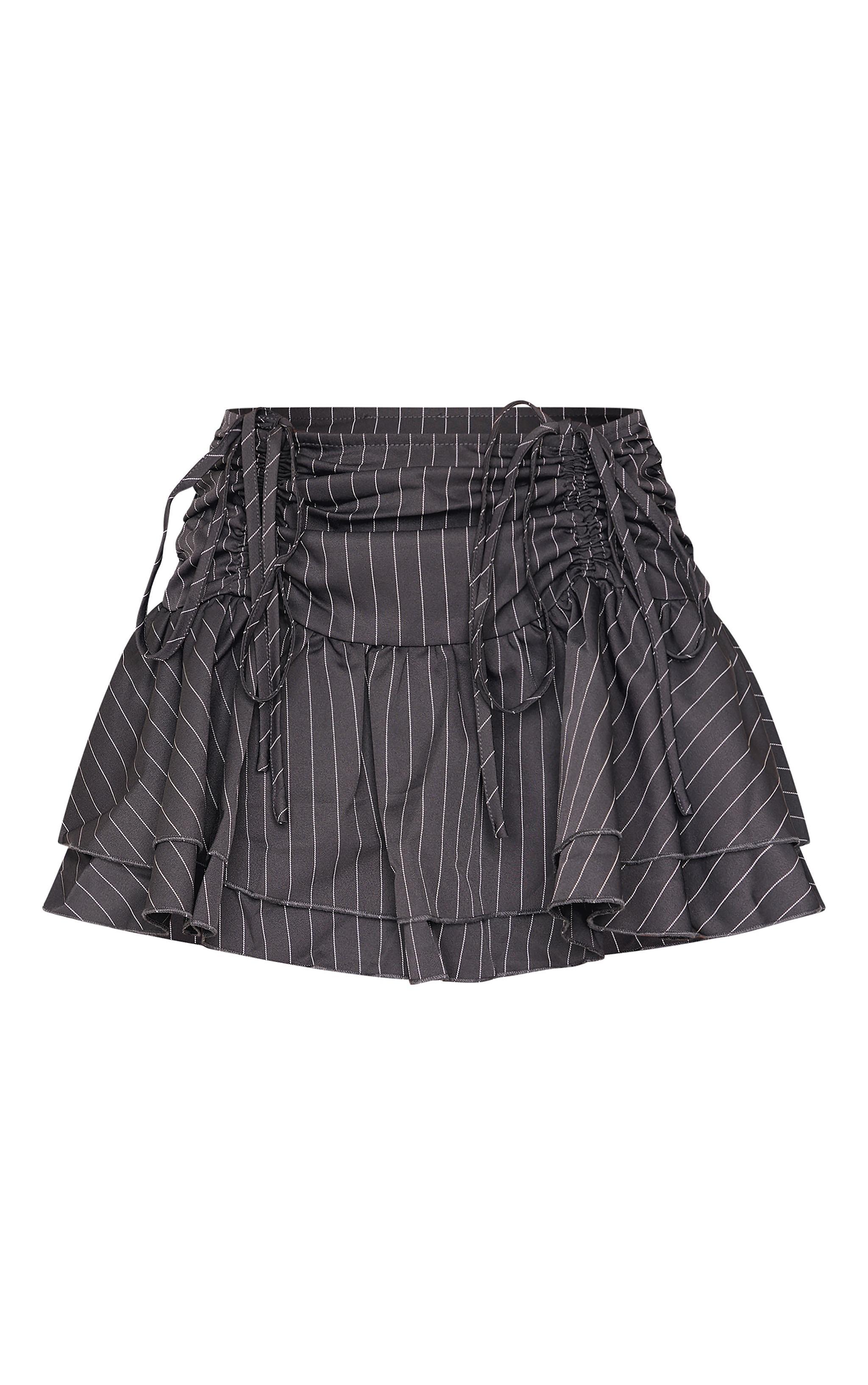 Charcoal Pinstripe Woven Ruched Front Peplum Mini Skirt Product Image