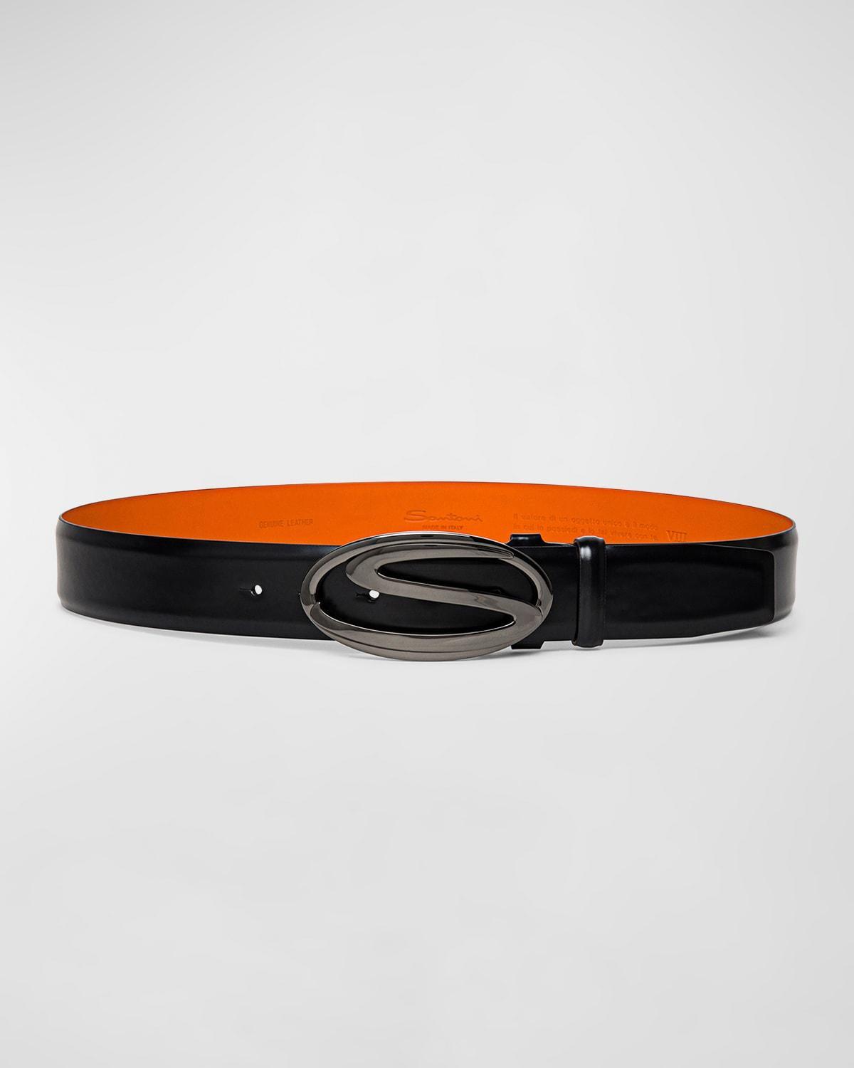 Mens Rectangle S-Buckle Reversible Leather Belt Product Image