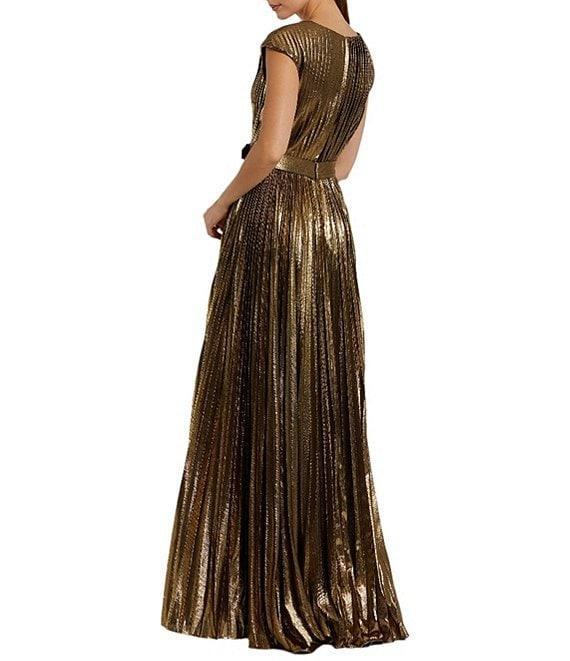 Mac Duggal Pleated Metallic Jersey V-Neck Cap Sleeve Belted Gown Product Image