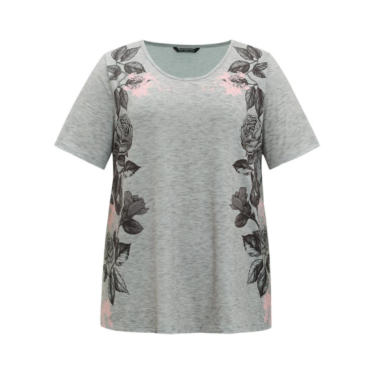 Plus Size Floral Print Contrast Crew Neck T-shirt Gray Women Elegant Printed Floral Round Neck Dailywear T-shirts BloomChic 28/5X Product Image