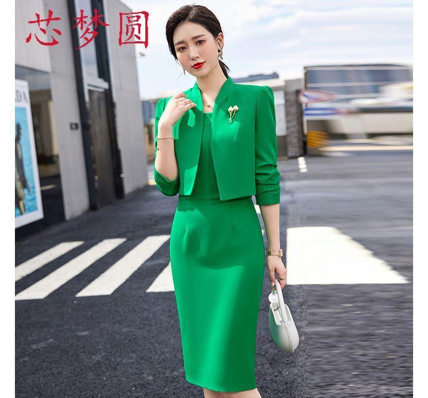 Sleeveless Plain Midi Sheath Dress / Cropped Jacket Product Image