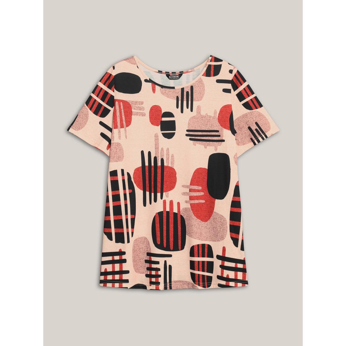 Plus Size Geometric Print Round Neck Fitted T-Shirt Multicolor Women Casual Contrast Round Neck Everyday T-shirts BloomChic 30/6X Product Image