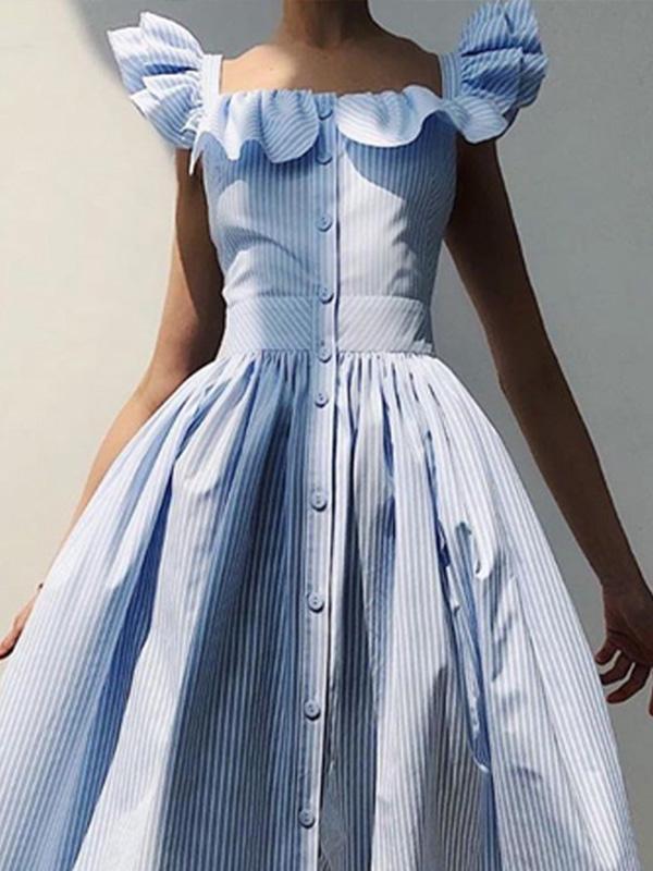 A-Line Loose Buttoned Pleated Ruffle Trim Striped Square-Neck Maxi Dresses Product Image