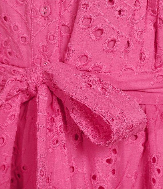 Gibson & Latimer Eyelet Split Round Neck Elbow Puff Sleeve Button Down Belted Scallop Hem Pocketed A-Line Dress Product Image