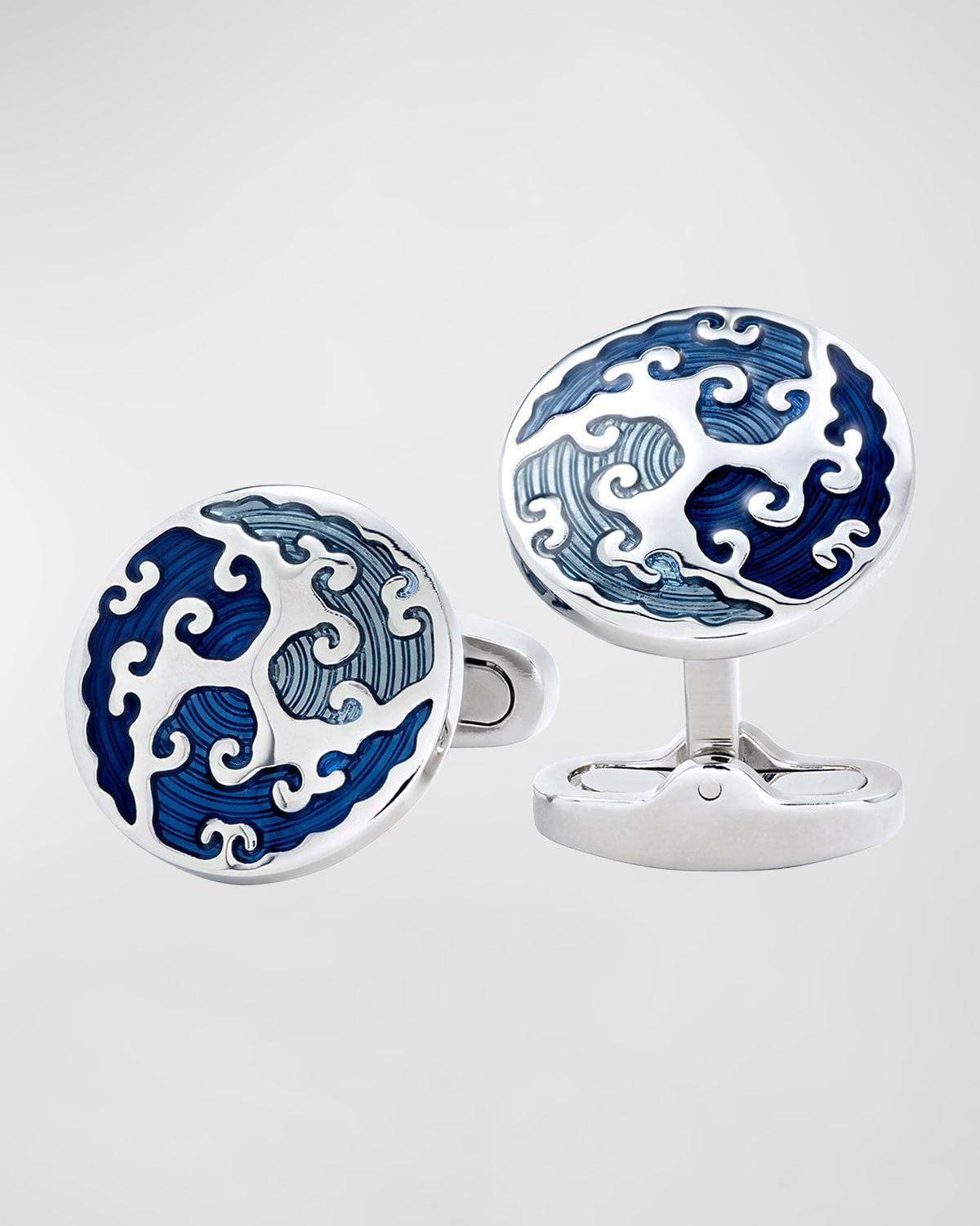 Mens Round Blue Wave Cufflinks Product Image