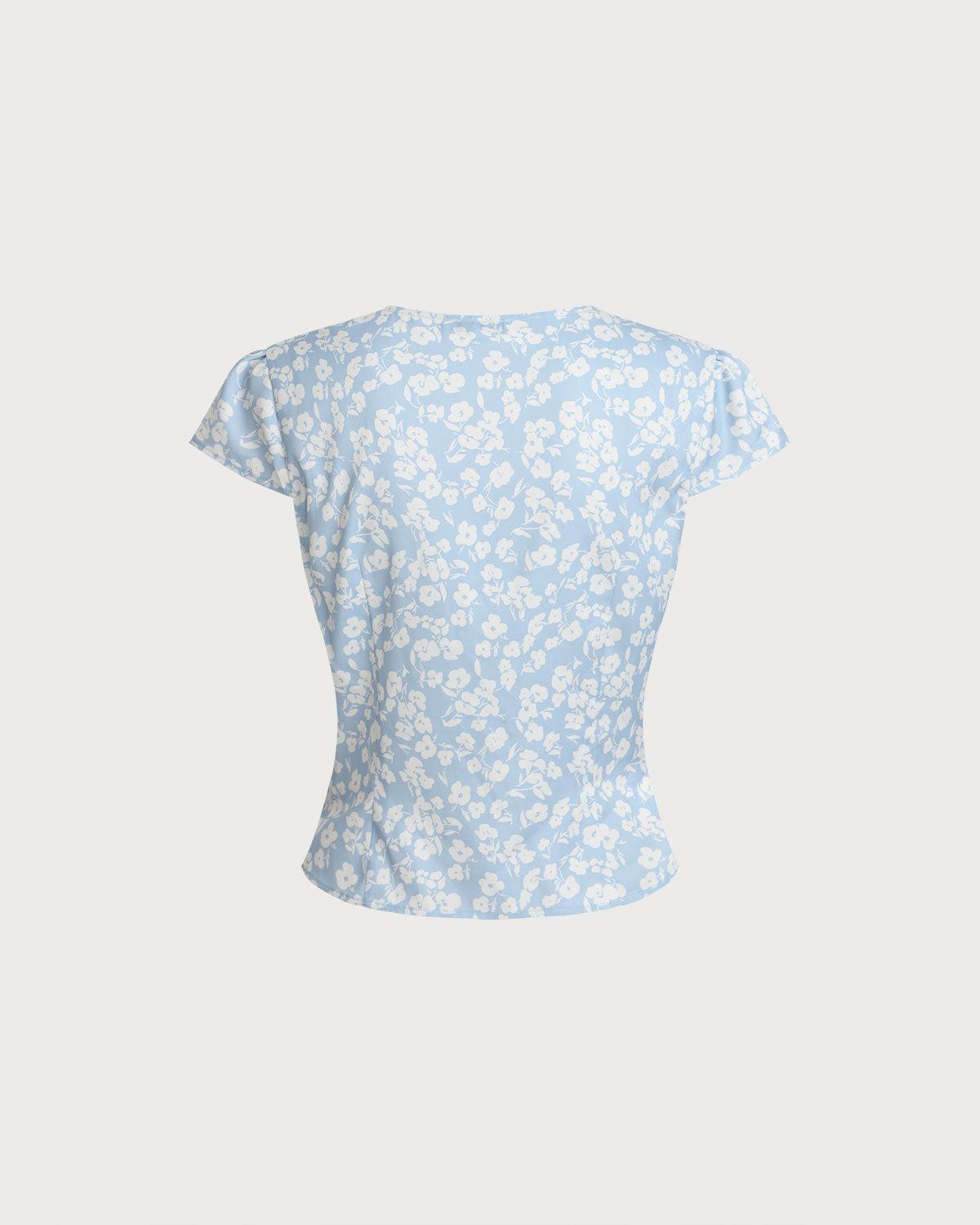 Blue Floral V-Neck Blouse Product Image