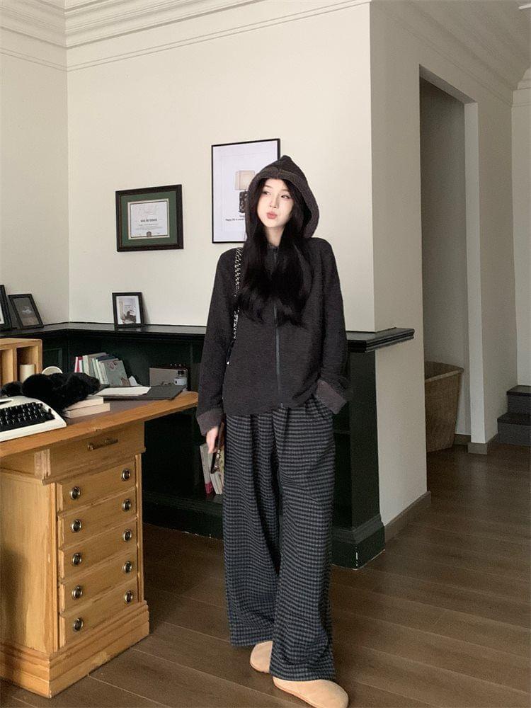 Contrast Fleece Trim Zip-Up Hoodie / High Rise Plaid Wide Leg Pants Product Image