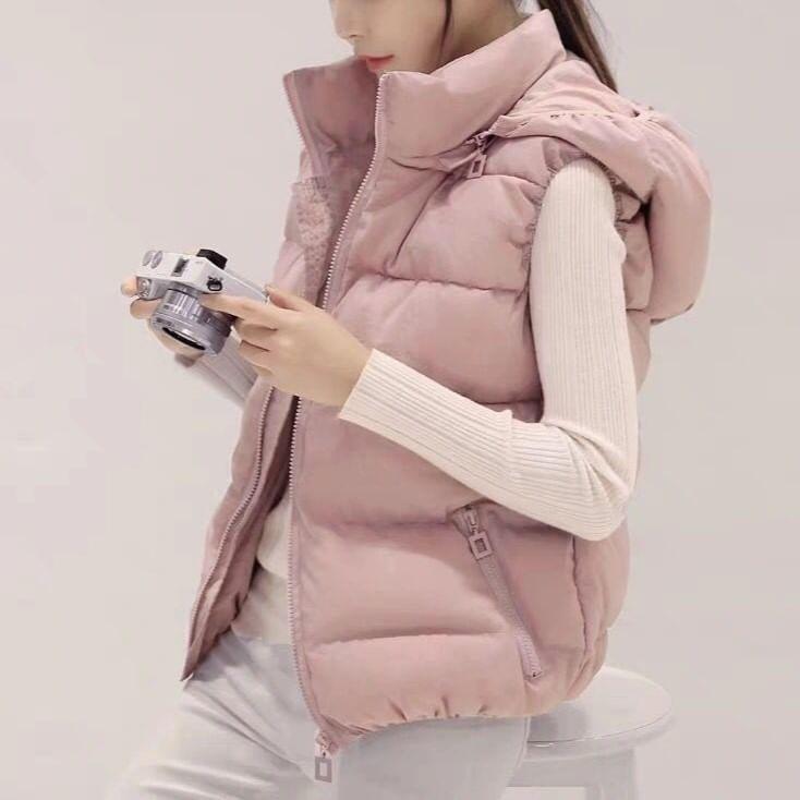 Stand Collar Plain Hooded Padded Zip Vest Product Image