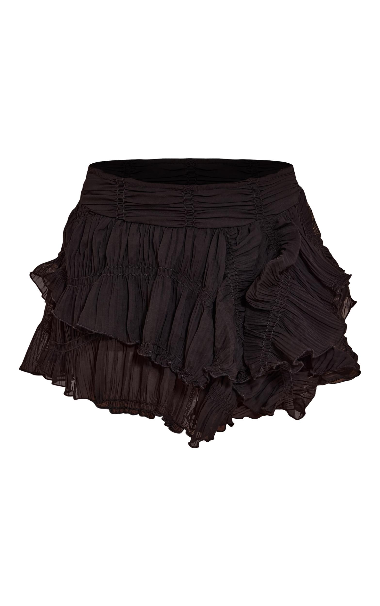 Black Ruched Textured Low Rise Mini Skirt Product Image