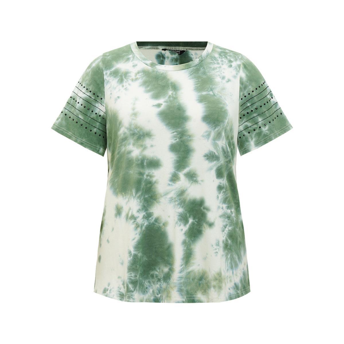 Plus Size Tie Dye Crew Neck Rivet Detail T-shirt Green Women Casual Tie Dye Round Neck Dailywear T-shirts BloomChic 26/4X Product Image
