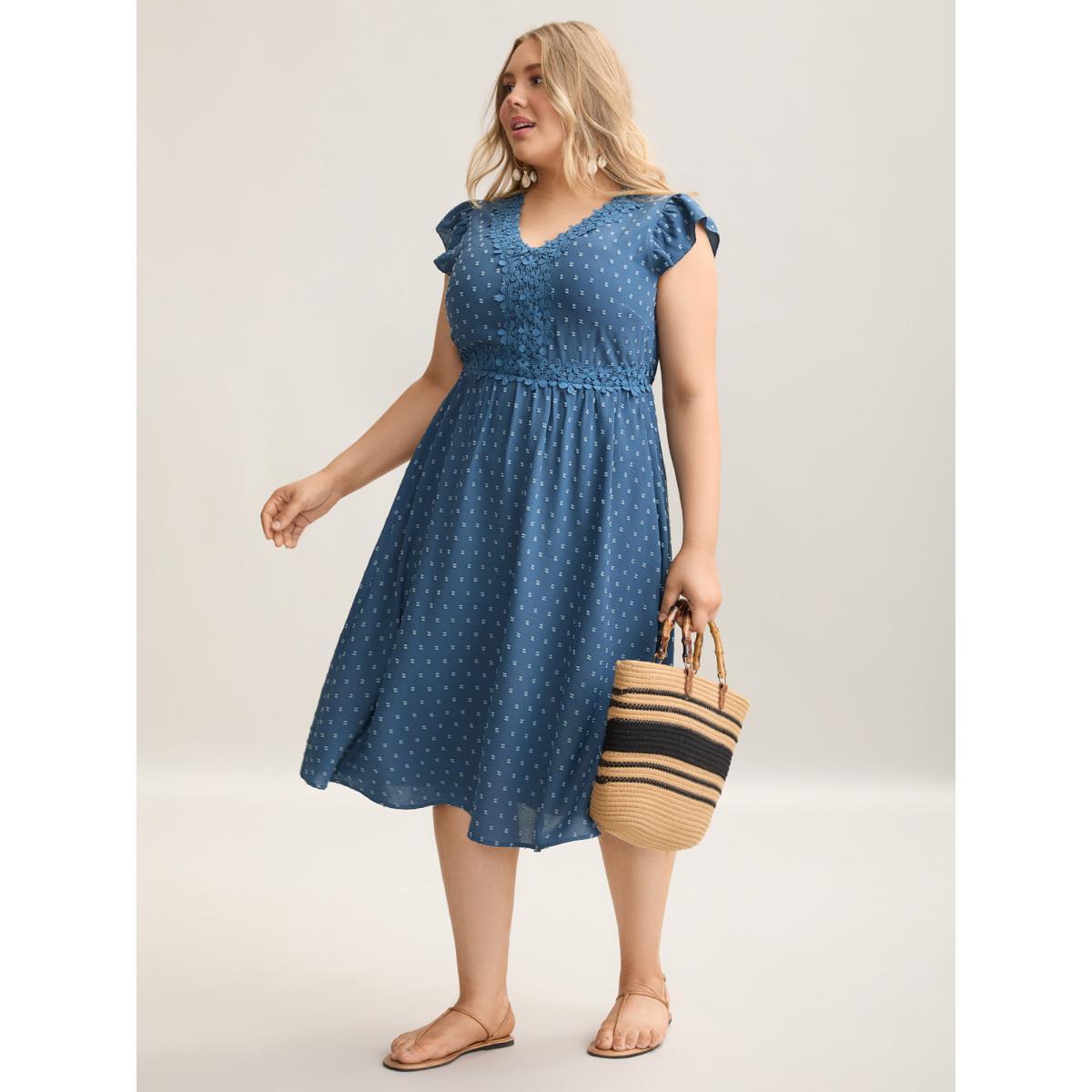Plus Size Lace Textured Spliced Pockets Midi Dress Mediumblue Women Office Woven ribbon&lace trim V-neck Cap Sleeve Curvy BloomChic 22-24/3X Product Image