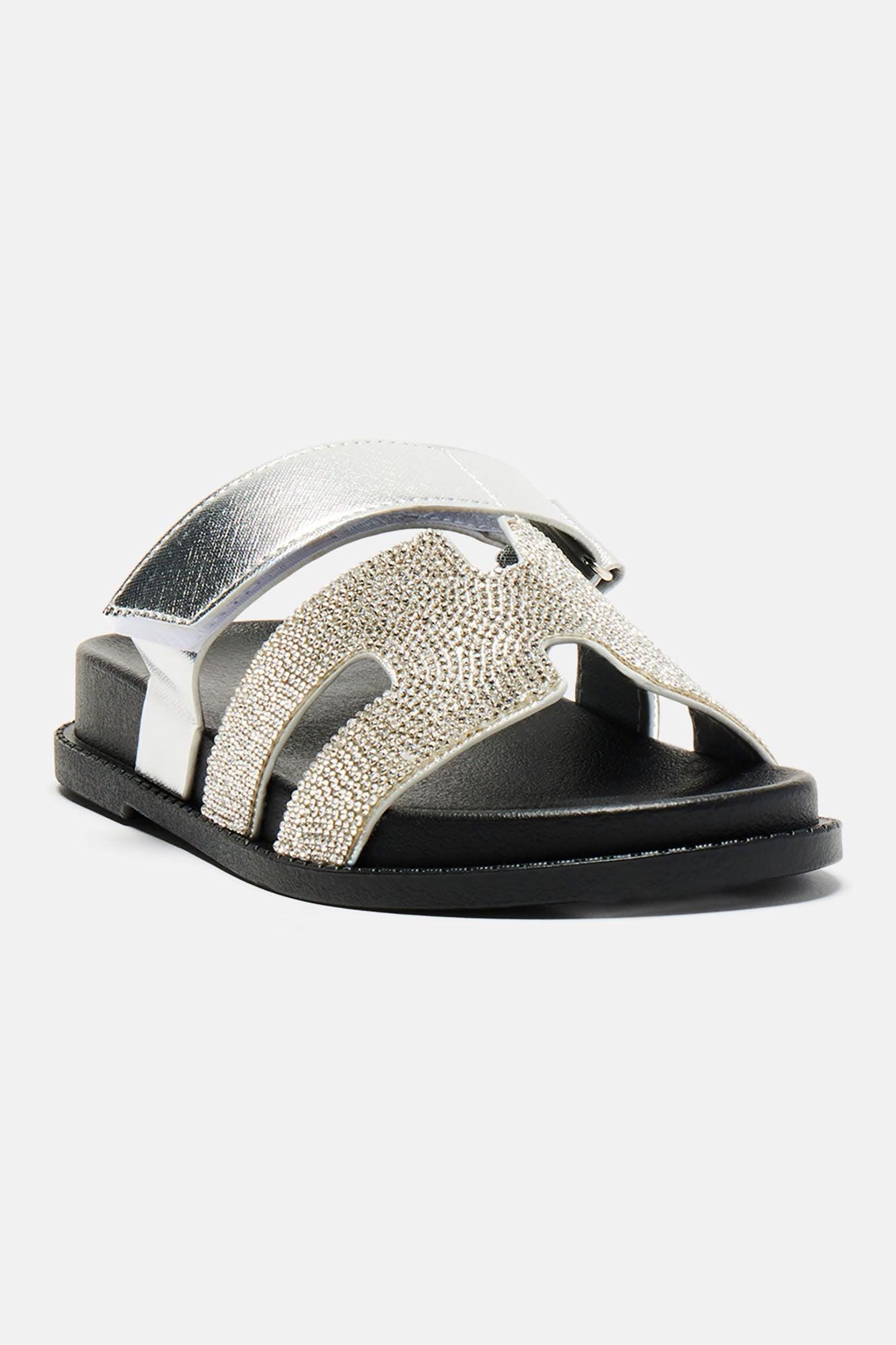 Slayin' In Embellished Casual Slides - Silver Product Image