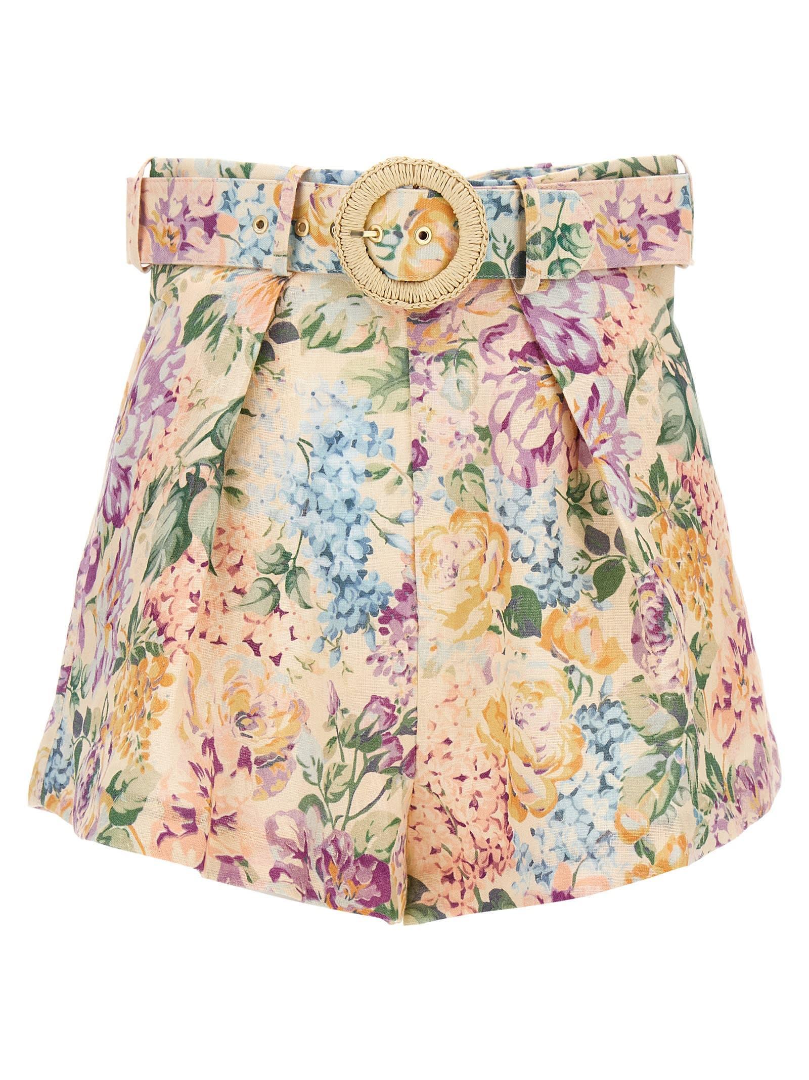 ZIMMERMANN Halliday Floral Belted Linen Shorts In Multi Watercolour Floral Product Image