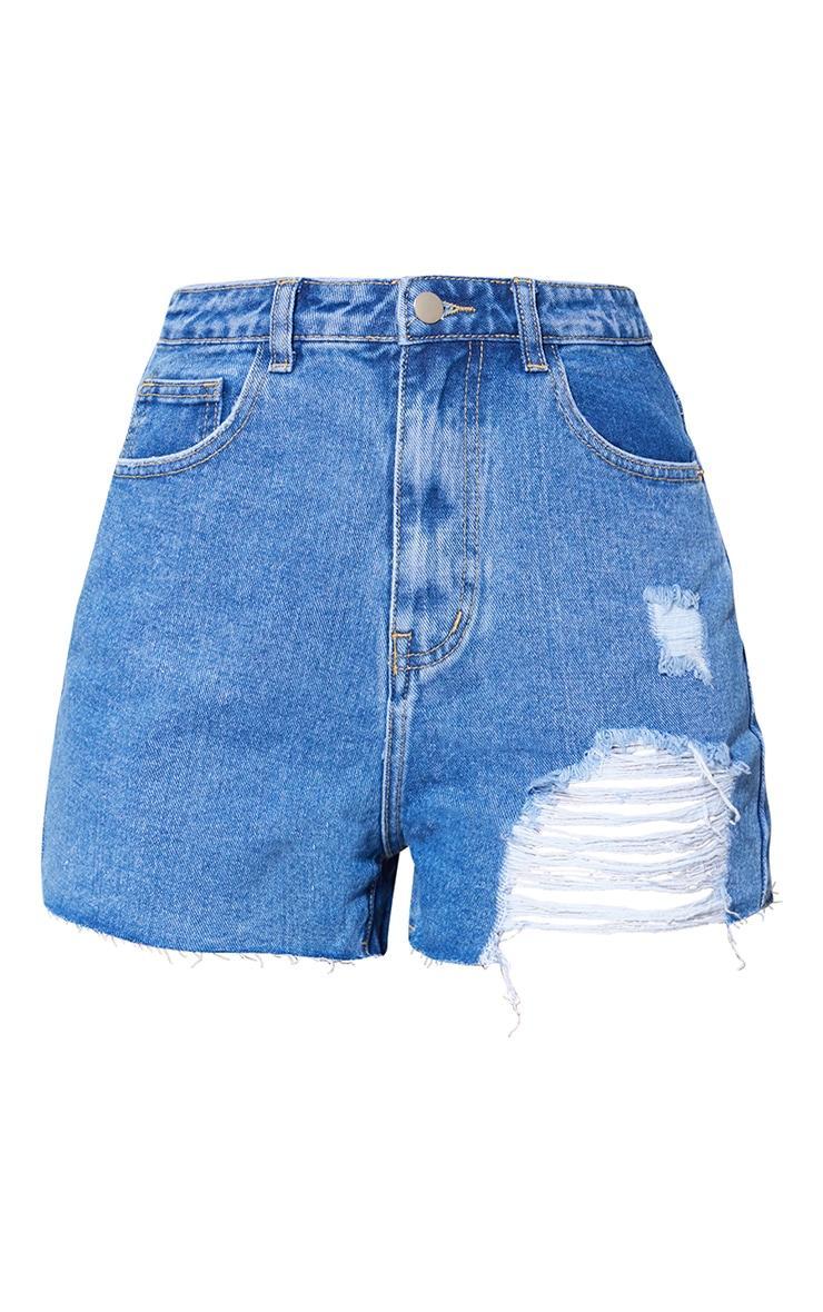 PRETTYLITTLETHING Mid Blue Wash Ripped Denim Mom Shorts Product Image