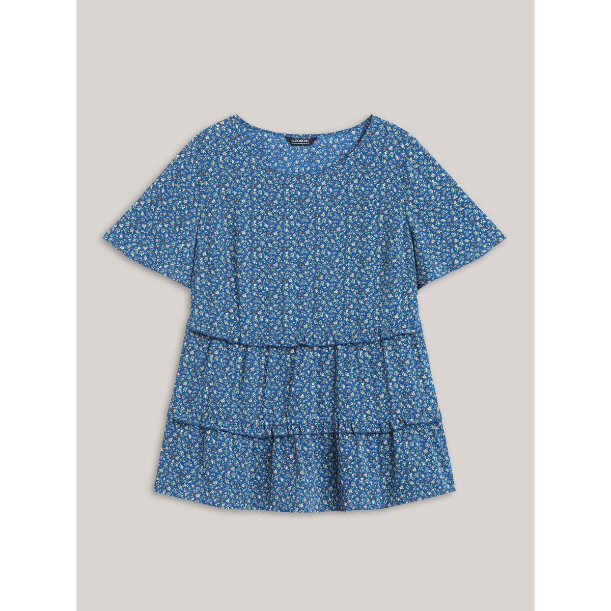 Plus Size Mediumblue Ditsy Floral Print Ruffled Tiered Blouse Women Timeless Short sleeve Round Neck Elegant Blouses BloomChic 14-16/1X Product Image