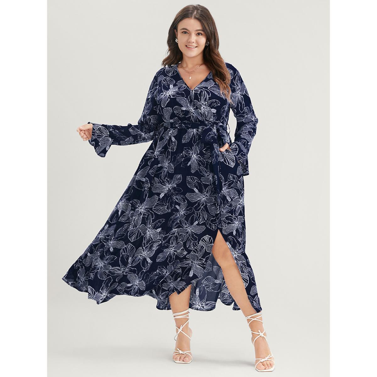 Plus Size Floral Print Belted Pocket Split Hem Wrap Dress DarkBlue Women Elegant Pocket V-neck Long Sleeve Curvy Midi Dress BloomChic 14-16/1X Product Image