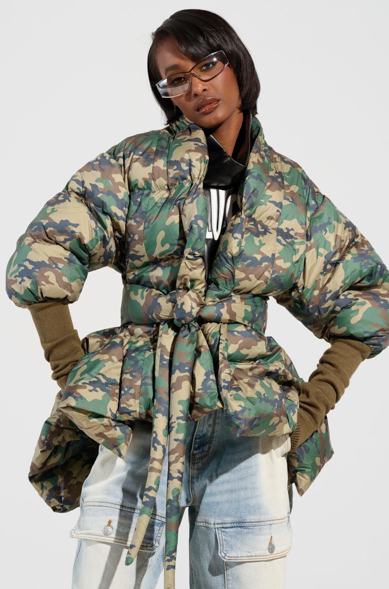 CAMO LONG RIB SLEEVE PEPLUM PUFFER COAT Product Image