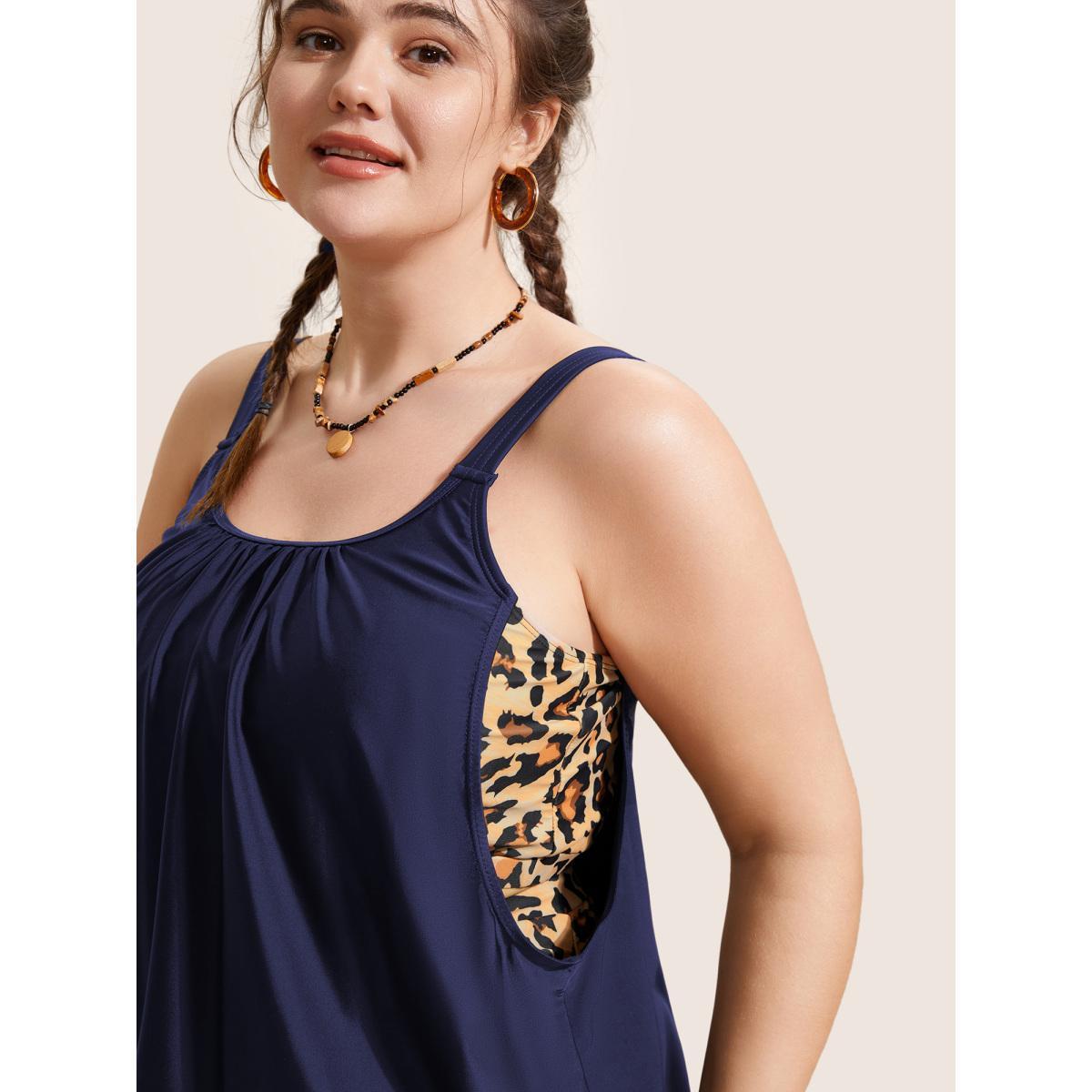 Plus Size Patchwork Leopard Print Gathered Swim Top Women's Swimwear Indigo Beach Gathered High stretch Bodycon U-neck Curve Swim Tops BloomChic 12/L Product Image