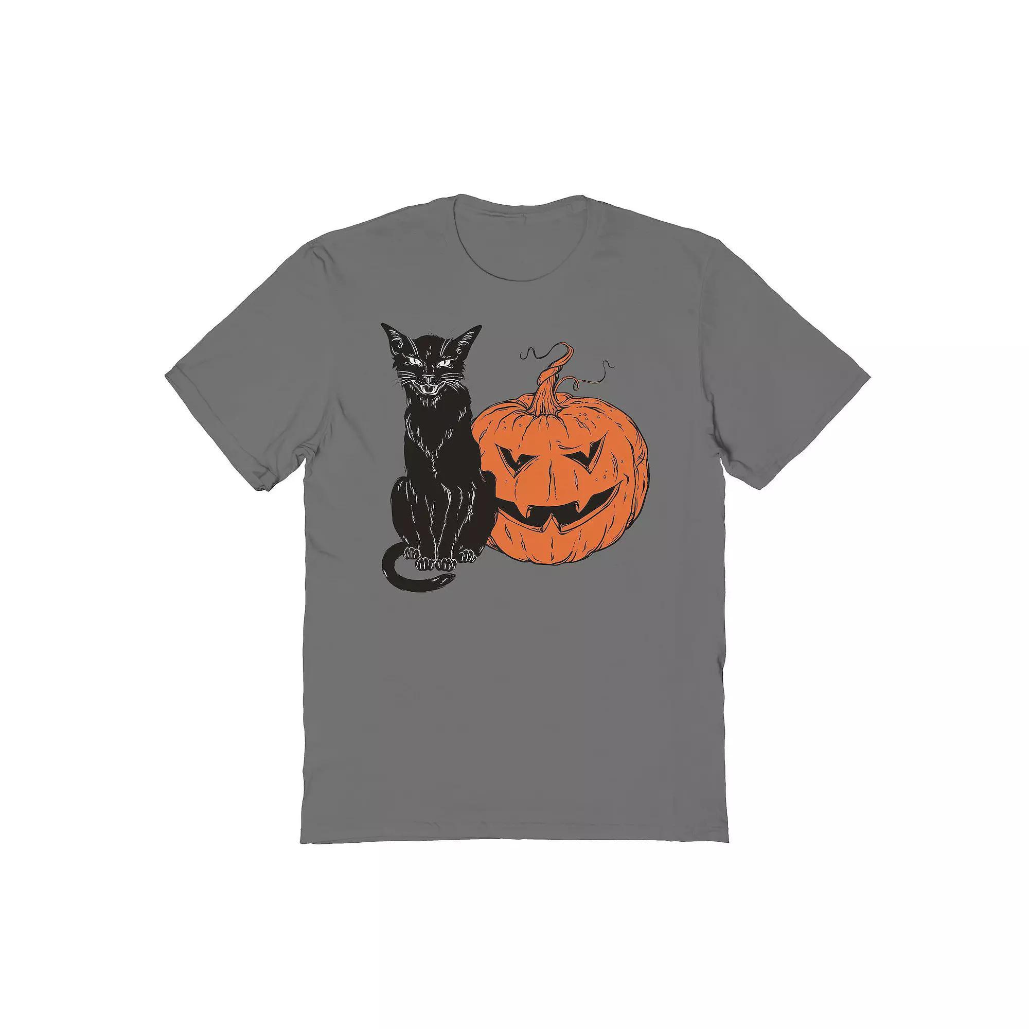 Men's Halloween Cat Pumpkin Halloween Graphic Tee, Size: Small, Grey Product Image