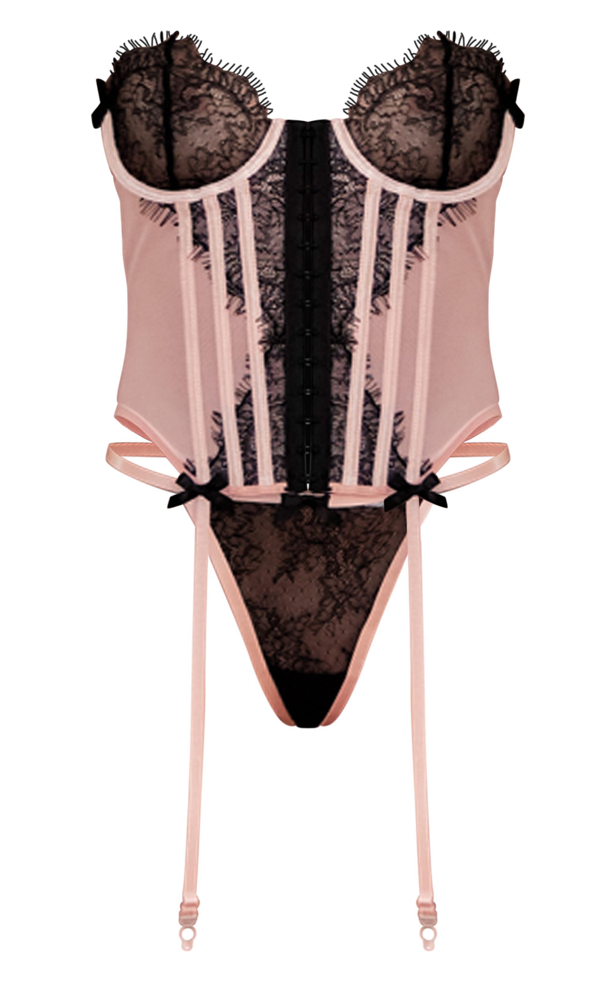 Pink Mesh Eyelash Lace Bandeau Corset Lingerie Set Product Image