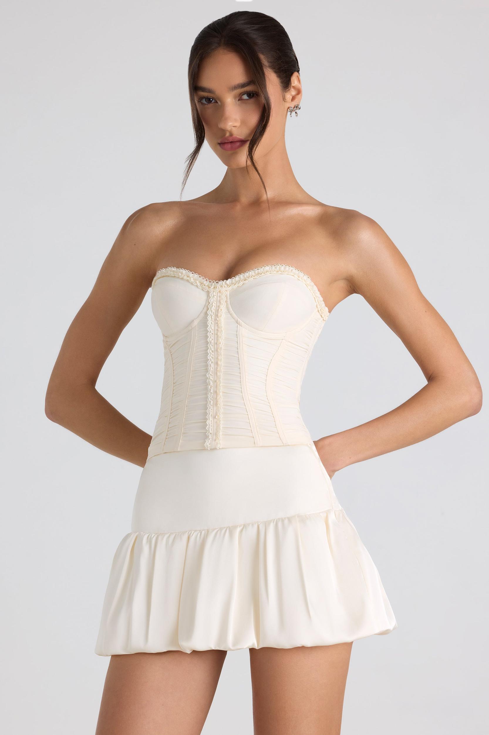 Ruched Lace-Up Strapless Corset Top in Ivory Product Image