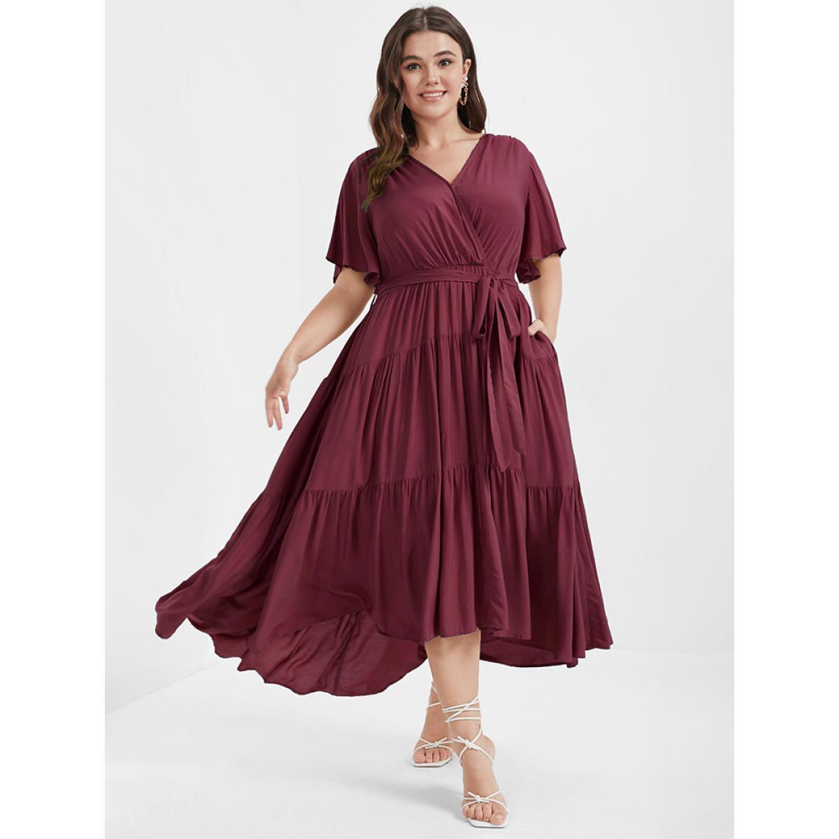 Plus Size Solid Button Pocket Belted Ruffles Wrap Midi Dress Burgundy Women Elegant Cross straps V-neck Short sleeve Curvy Long Dress BloomChic 22-24/3X Product Image