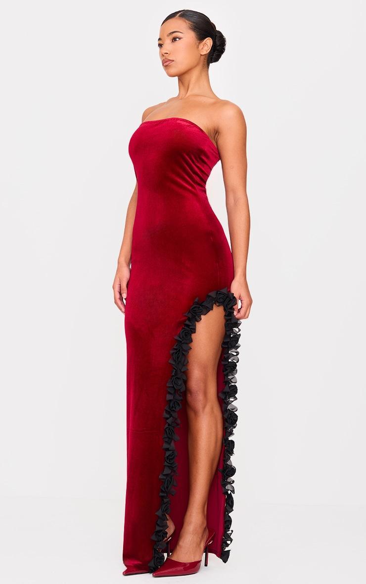 Cherry Red Velvet Bandeau Rose Detail Slit Midaxi Dresss Product Image