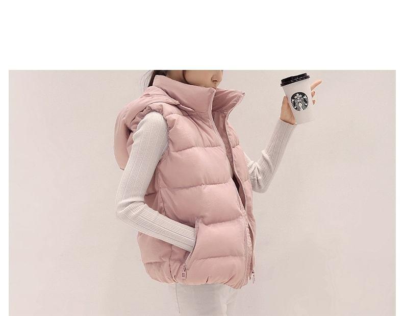 Stand Collar Plain Hooded Padded Zip Vest Product Image