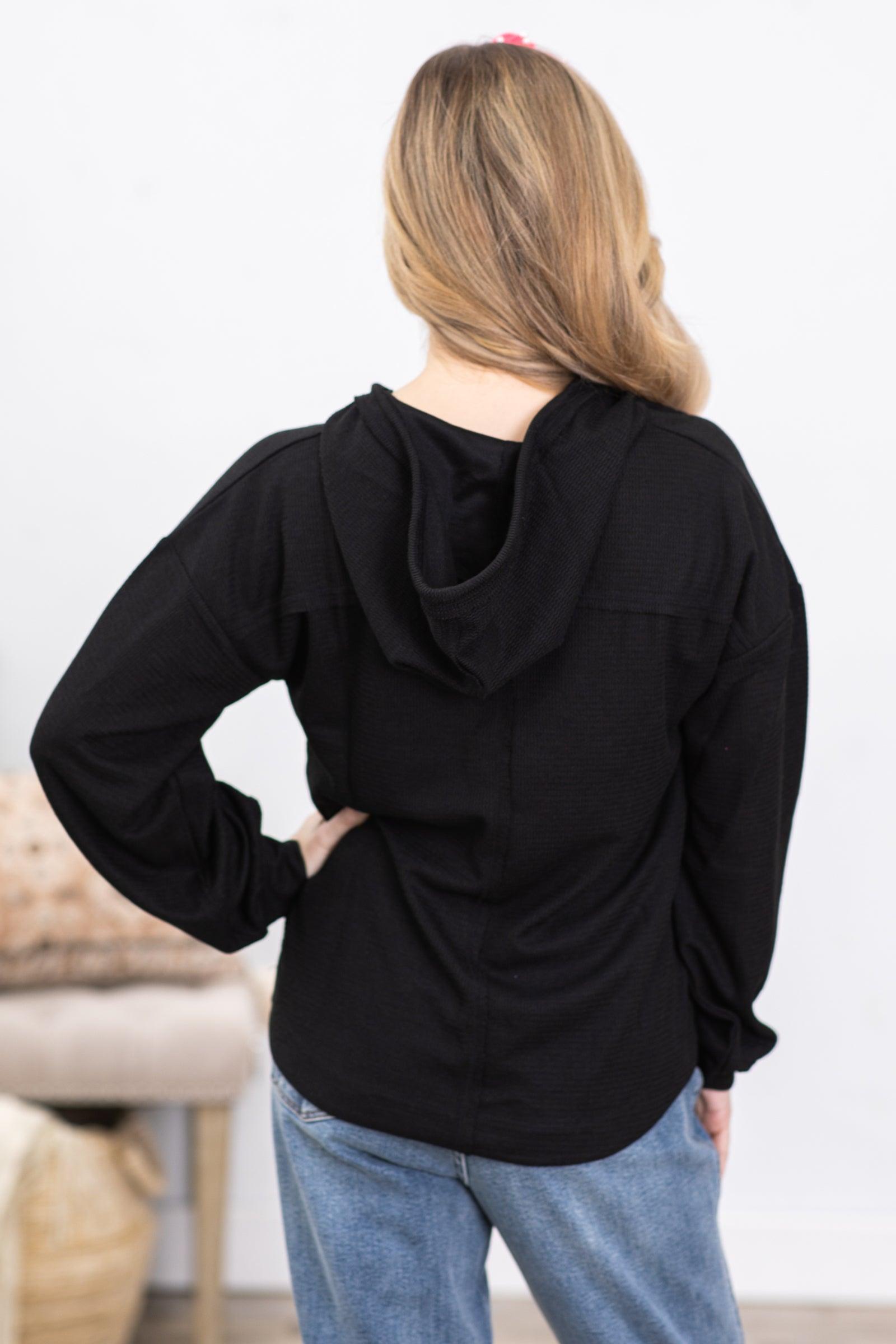 Black V-Neck Hoodie Knit Top Product Image