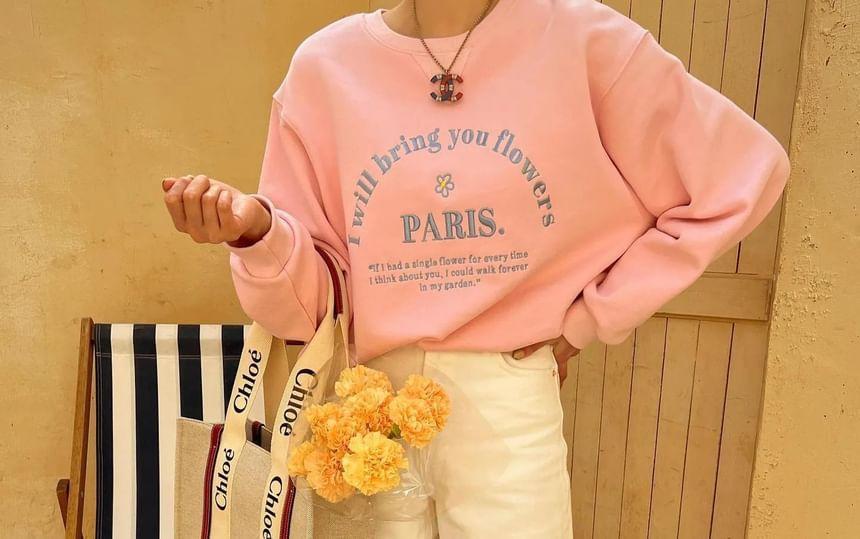 Round Neck Lettering Embroidered Sweatshirt / Elastic Waist Sweat Shorts Product Image