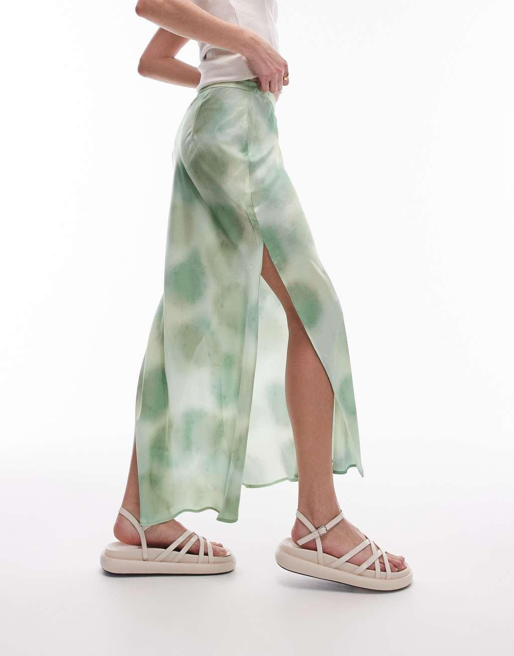 Topshop satin tie dye bias cut skirt in green Product Image