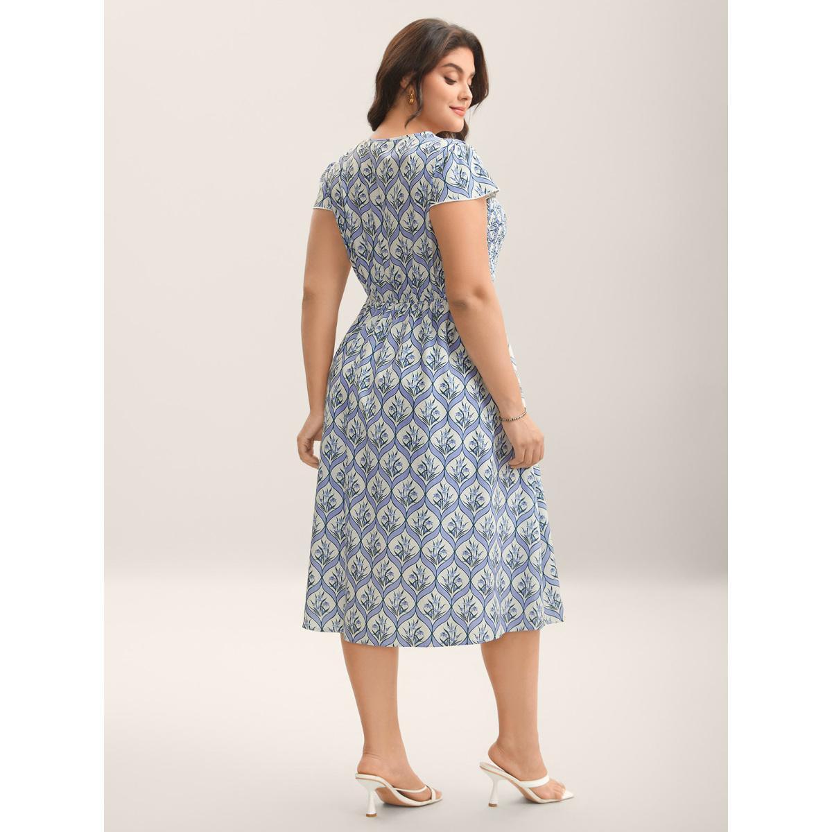 Plus Size Boho Floral Print Shirred Pockets Midi Dress LightBlue Women Square Neck Cap Sleeve Curvy BloomChic 18-20/2X Product Image