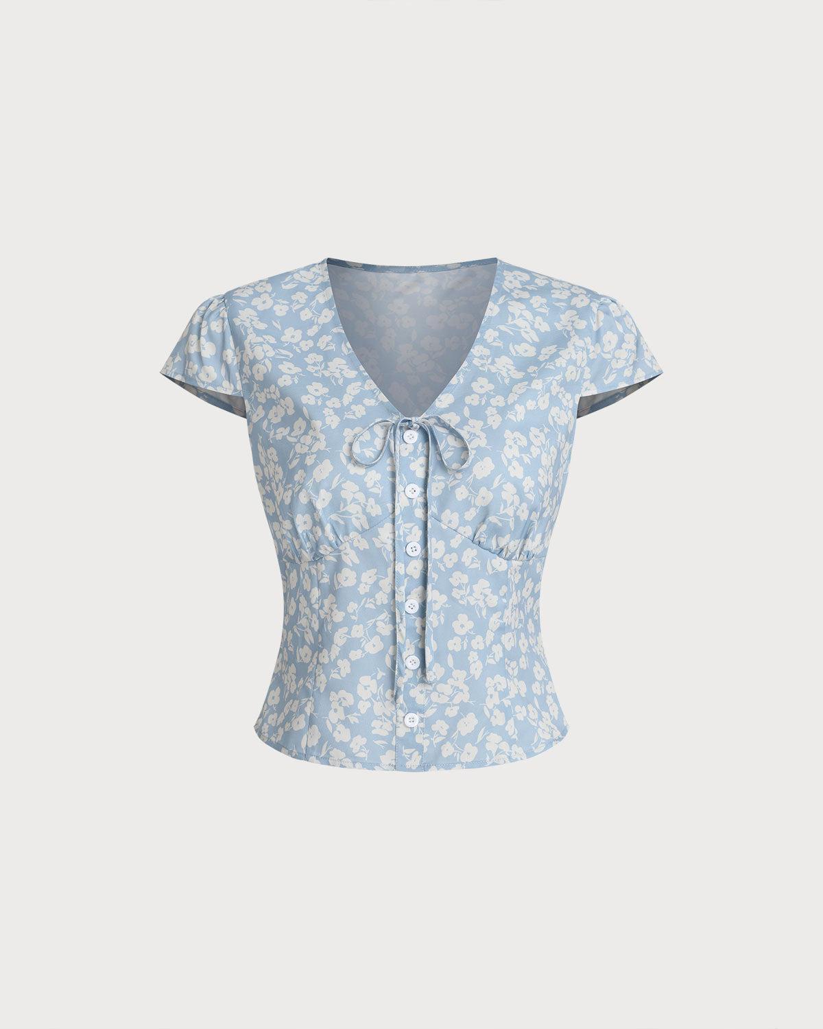 Blue Floral V-Neck Blouse Product Image