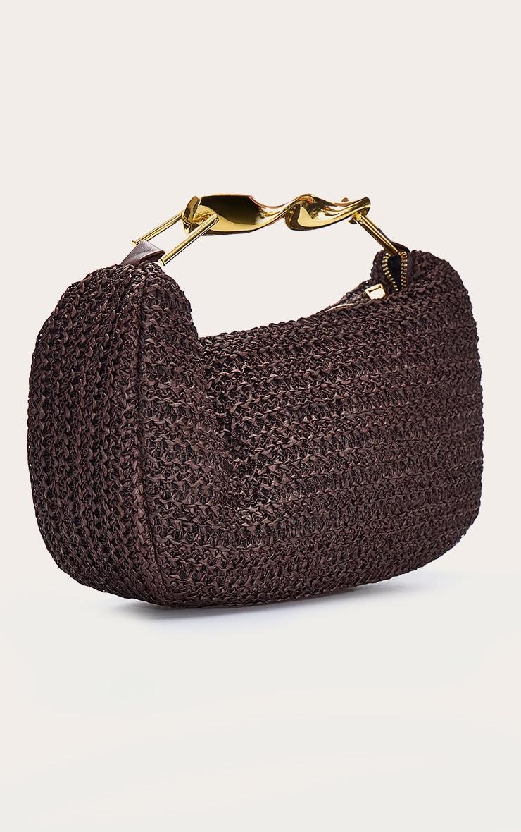 Chocolate Raffia Weave Abstract Handle Handbag Product Image