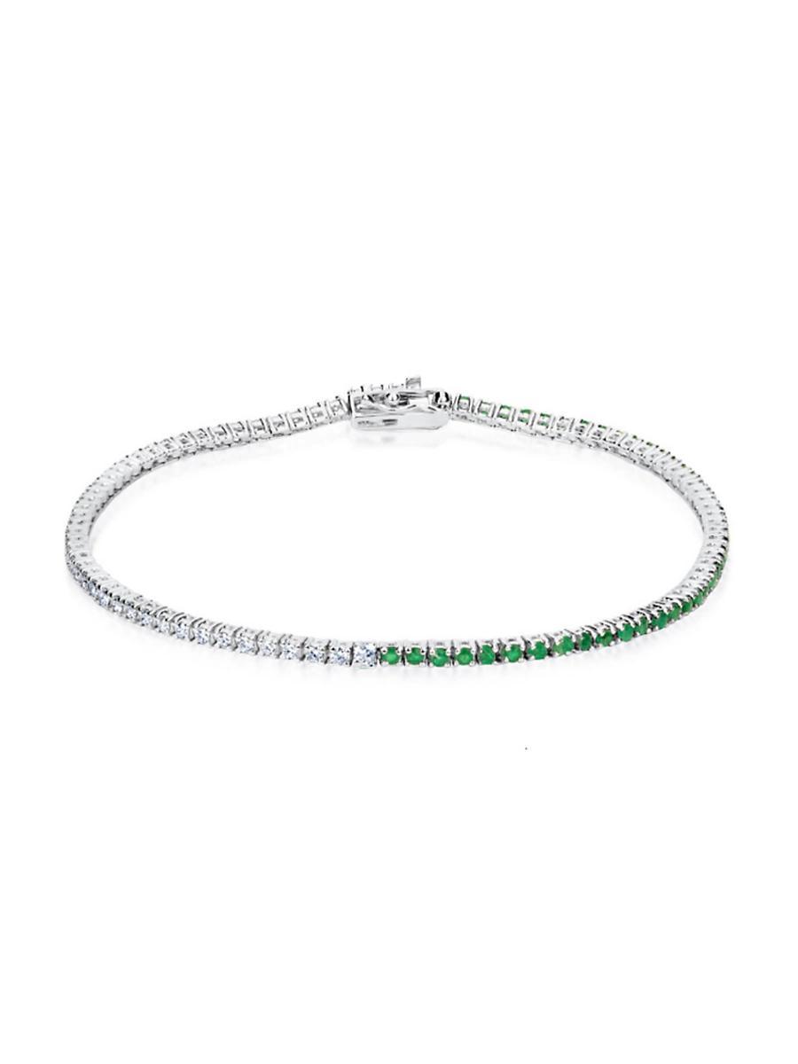 Womens Half & Half 14K White Gold, Emerald, & Diamond Tennis Bracelet Product Image