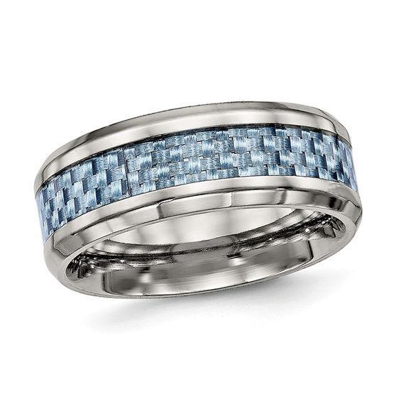 Men's 8.0mm Checker Pattern Blue Carbon Fiber Inlay Beveled Edge Wedding Band in Titanium Product Image