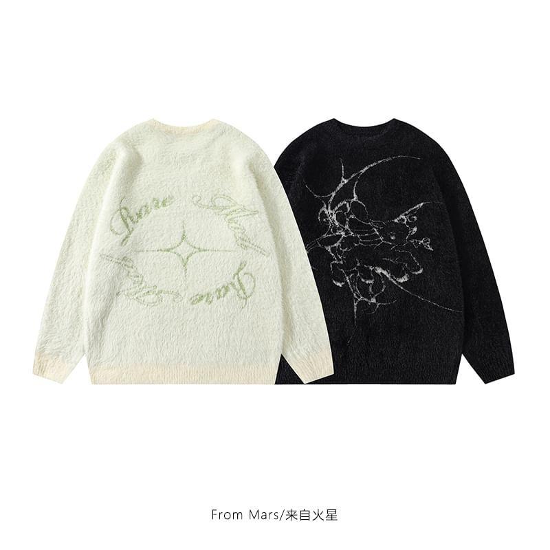 Drop Shoulder Crew Neck Deer Print Sweater Product Image