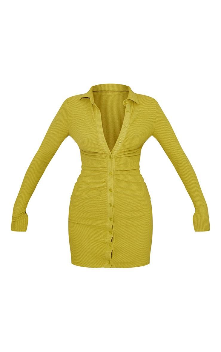 Chartreuse Brushed Rib Long Sleeve Ruched Shirt Dress Product Image