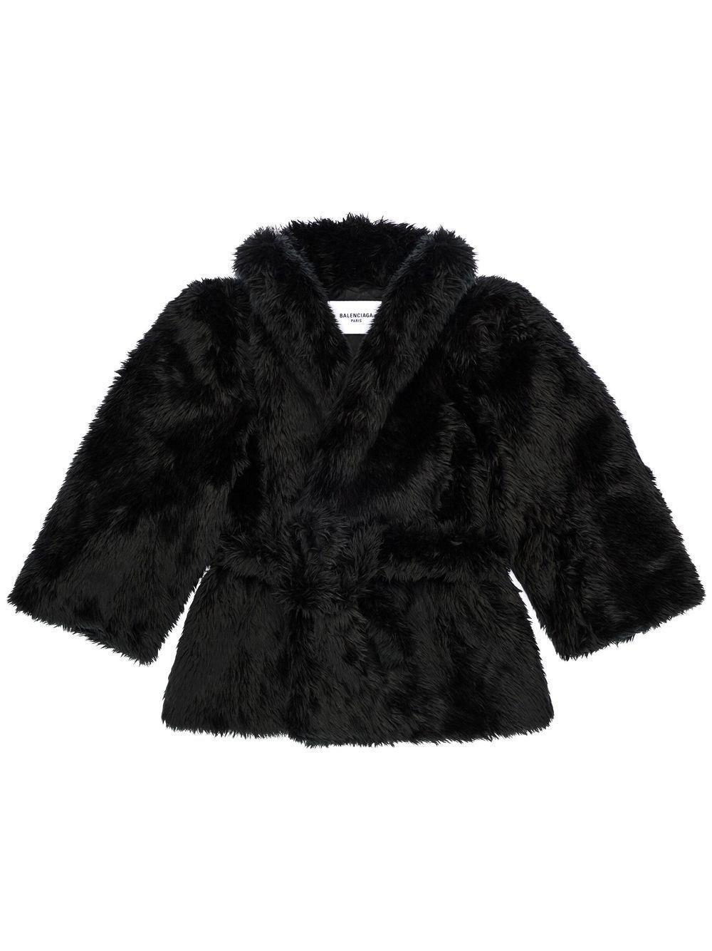 BALENCIAGA Faux-fur Belted Jacket In Black Product Image