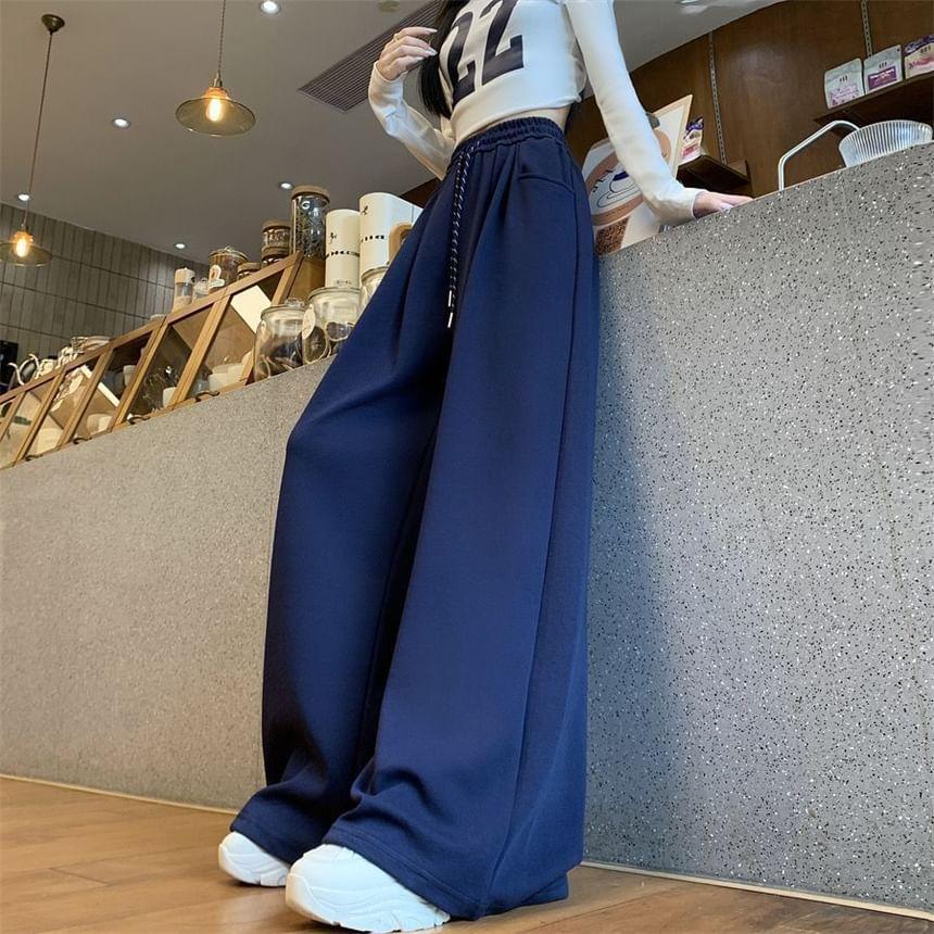 Drawstring Waist Plain Wide Leg Sweatpants Product Image