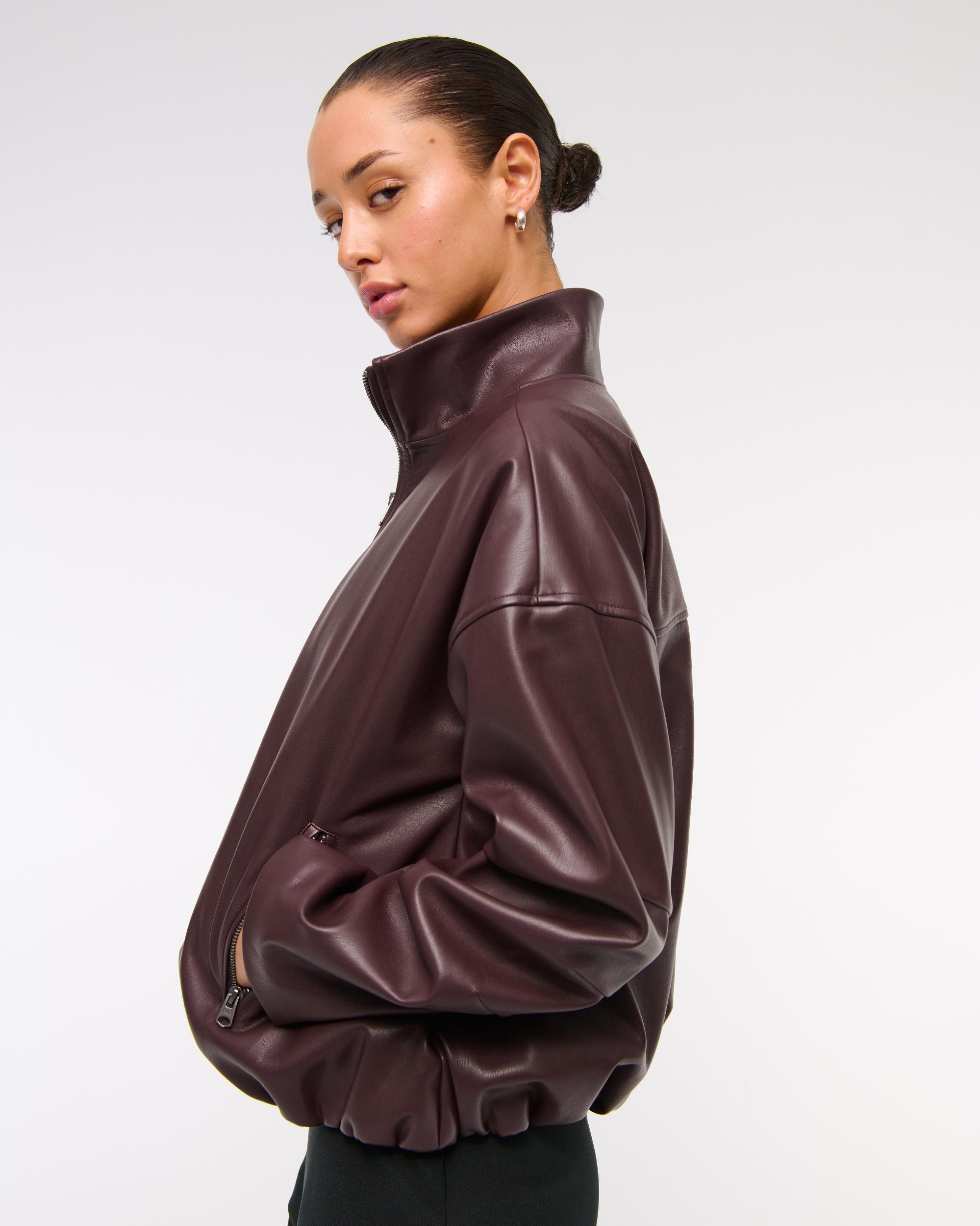 Bubble Hem Vegan Leather Bomber Jacket Product Image