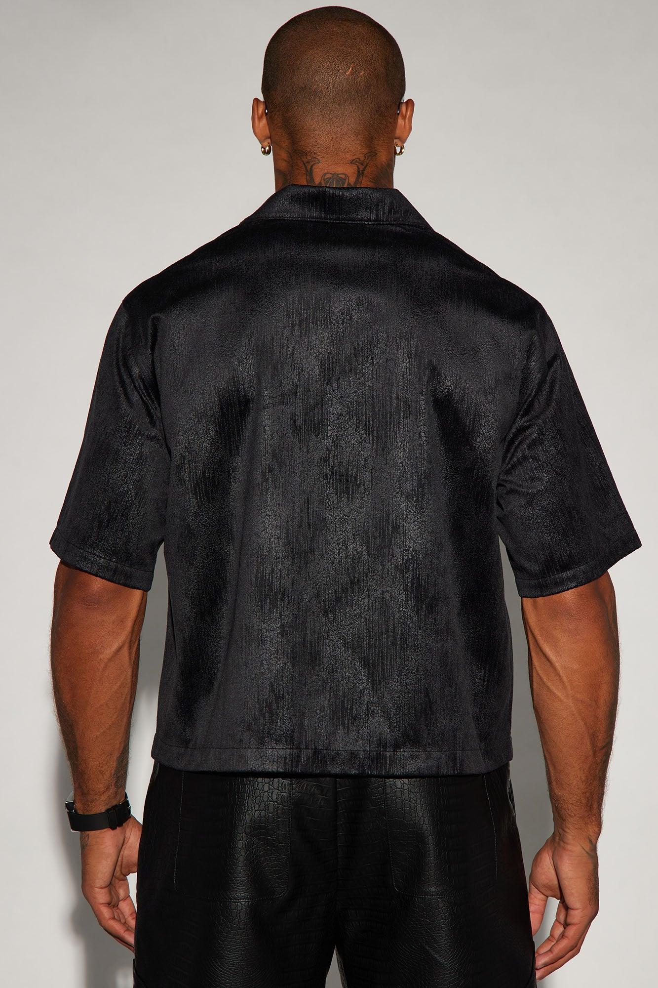 Patna Textured Faux Leather Cropped Button Up Shirt - Black Product Image