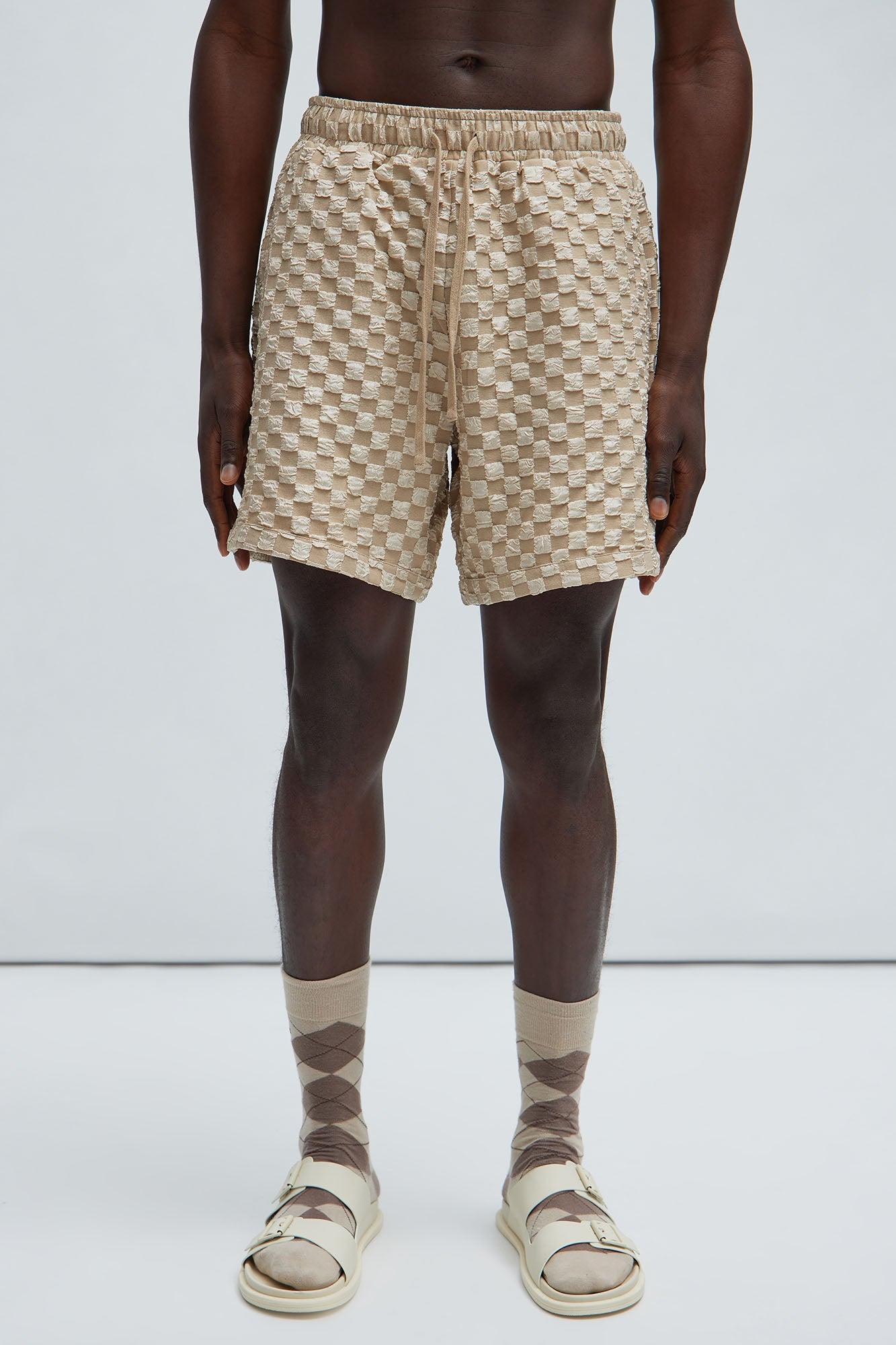 Crinkled Checkers Shorts - Tan Product Image