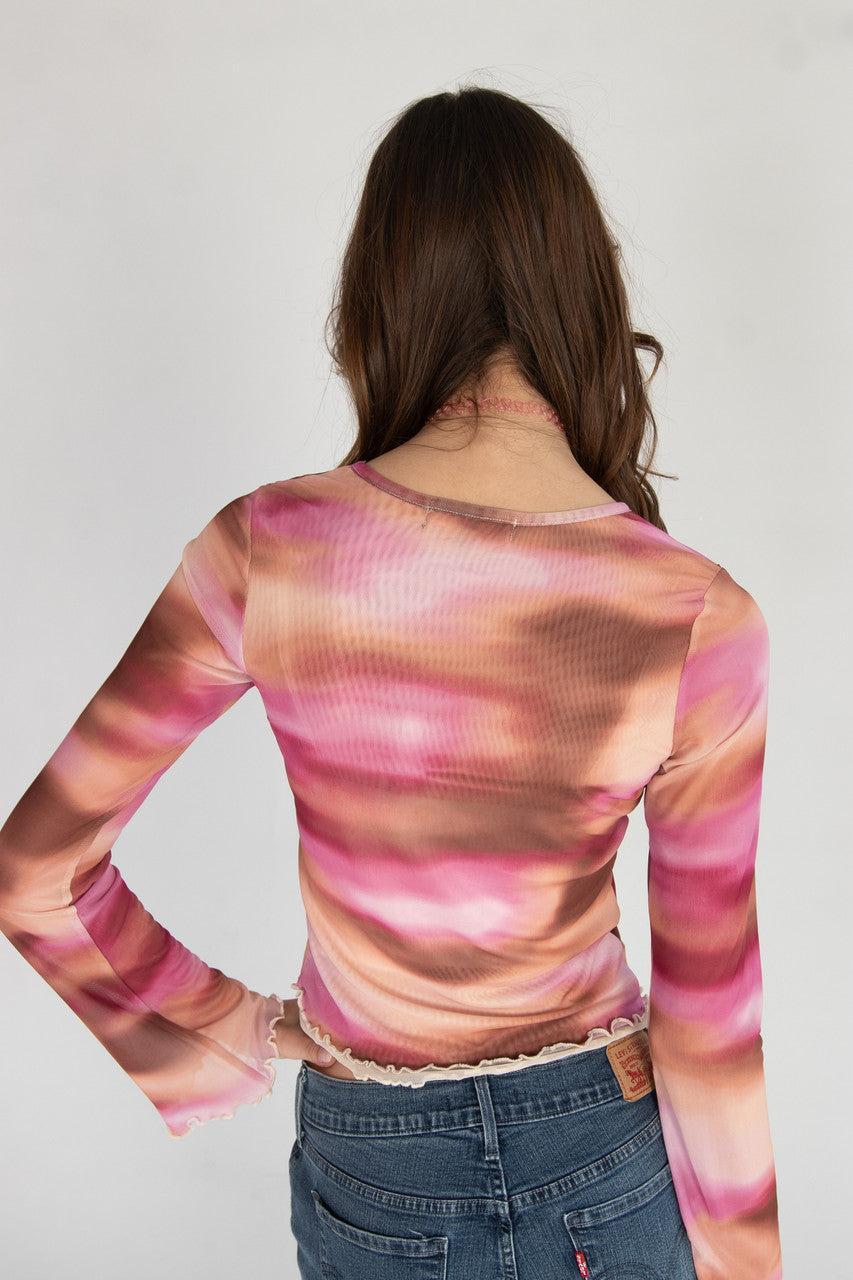 Long Sleeve Double Layer Printed Mesh Top Product Image