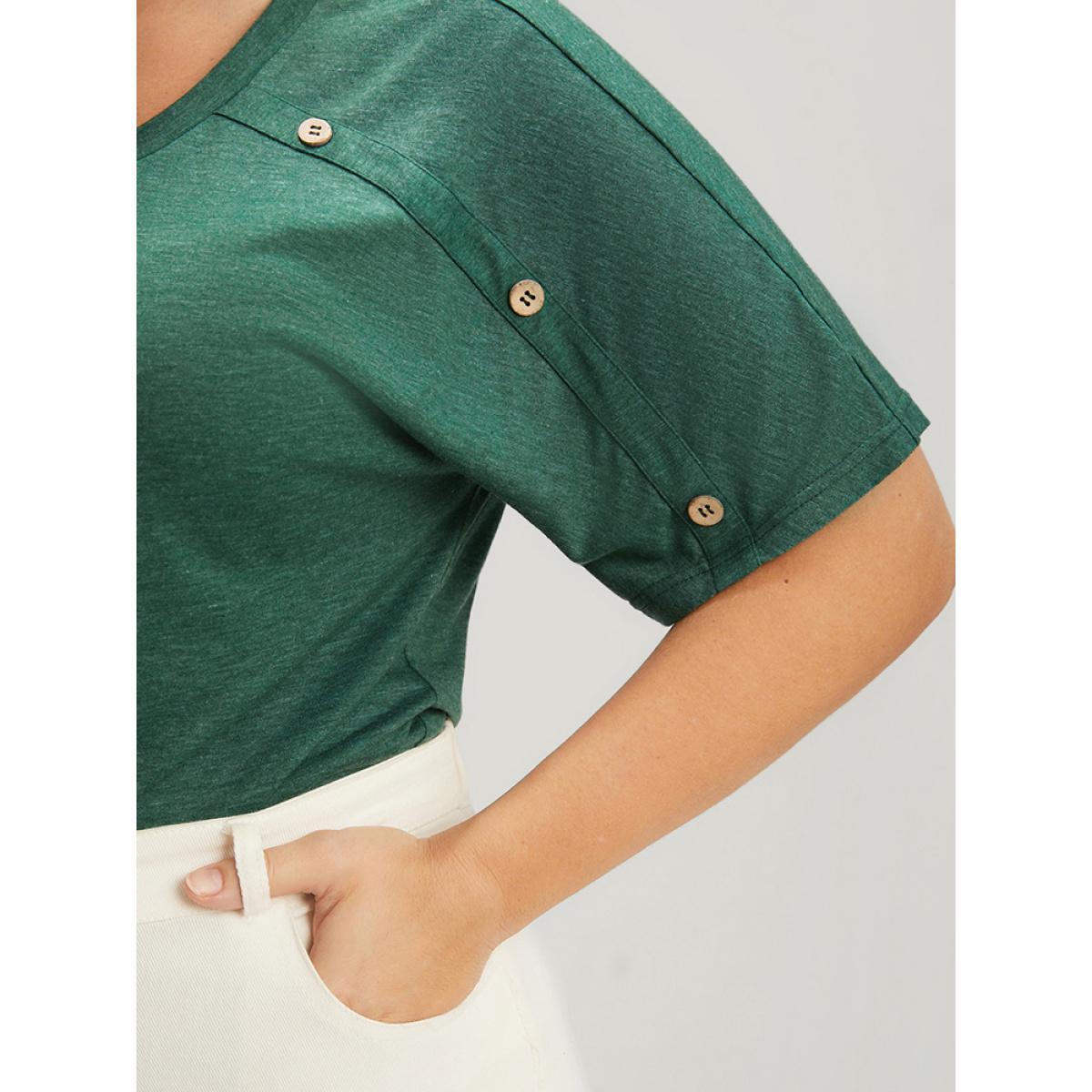 Plus Size Solid Round Neck Button Raglan Sleeve Modal T-shirt Green Women Casual Button Plain Round Neck Dailywear T-shirts BloomChic 14-16/1X Product Image